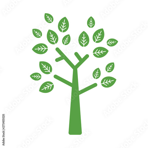 Green flat geometric tree with straight branches sharp leaves isolated on white. World environment day logo.