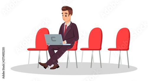Young man in formal costume sitting on chair with laptop. Guy working in park, airport. Freelance, coworking concept. Businessman waiting for negotiation, job interview. Vector cartoon clipart.