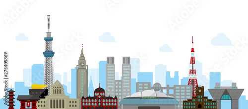 Tokyo skyline flat vector illustration. Tokyo landmark buildings.