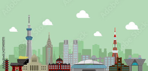Tokyo skyline flat vector illustration. Tokyo landmark buildings.