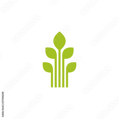 five Green sprouts, sprigs, raw with silhouette leaf. Icon Isolated on white. Logo for eco company