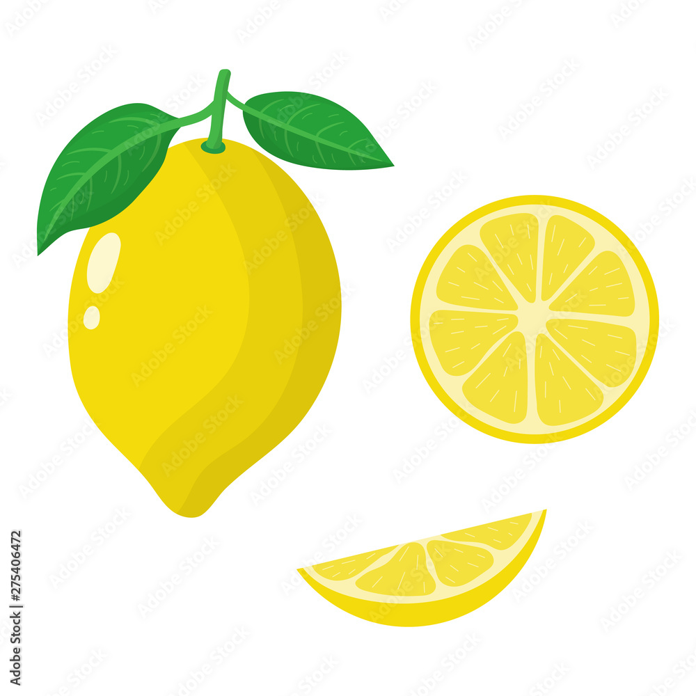 Set of fresh whole, half and slice lemon isolated on white background. Organic fruits. Cartoon style. Vector illustration for any design. Set of fresh whole, half and slice lemon isolated on white background. Organic fruits. Cartoon style. Vector illustration for any design.