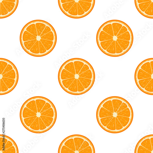 Seamless pattern with fresh half orange fruit on white background. Tangerine. Organic fruit. Cartoon style. Vector illustration for design, web, wrapping paper, fabric, wallpaper.