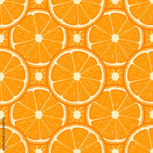 Seamless pattern with fresh half orange fruit. Tangerine. Organic fruit. Cartoon style. Vector illustration for design, web, wrapping paper, fabric, wallpaper.