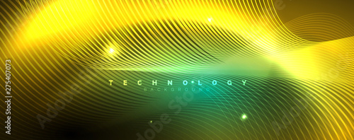 Shiny neon lines template - northern lights glowing blur lines. Futuristic style glow neon 80s disco club or night party techno template