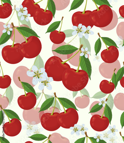 Vector-cherry background. Seamless pattern with realistic cherry leaves and flowers. Vector graphics.