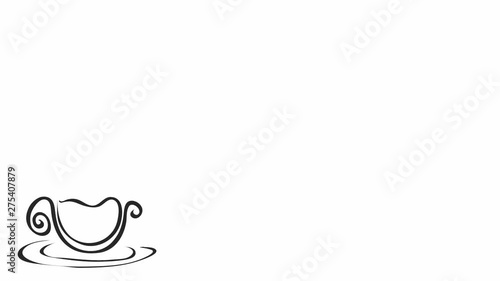 graphic animation with a mug of shiny coffee on a white background. warming sunrises and sunsets