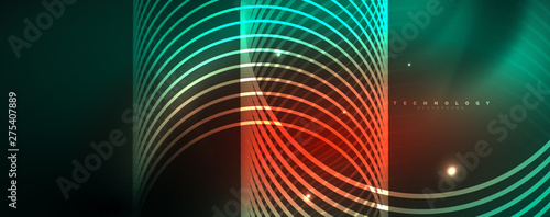Shiny neon lines template - northern lights glowing blur lines. Futuristic style glow neon 80s disco club or night party techno template