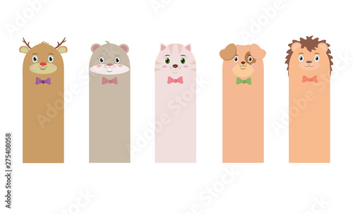 Set of bookmarks for children's books in cartoon style. Vertical cards with animals in bow tie: deer hamster cat dog hedgehog