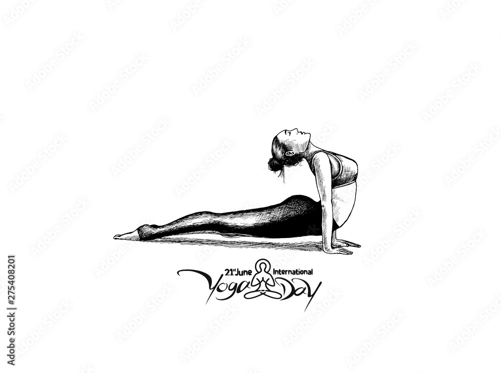 Woman practicing yoga pose, 21st june international yoga day, Hand Draw Sketch Vector Design.