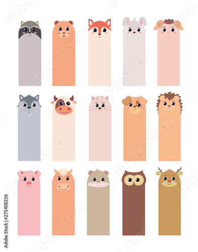Bookmarks for children's books with animals: raccoon bear Fox hare sheep wolf cow cat dog hedgehog pig horse hamster juice deer