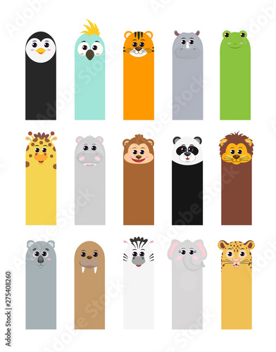 Bookmarks for children's books with animals: penguin parrot tiger Rhino frog giraffe Hippo monkey Panda lion Koala walrus Zebra elephant leopard.