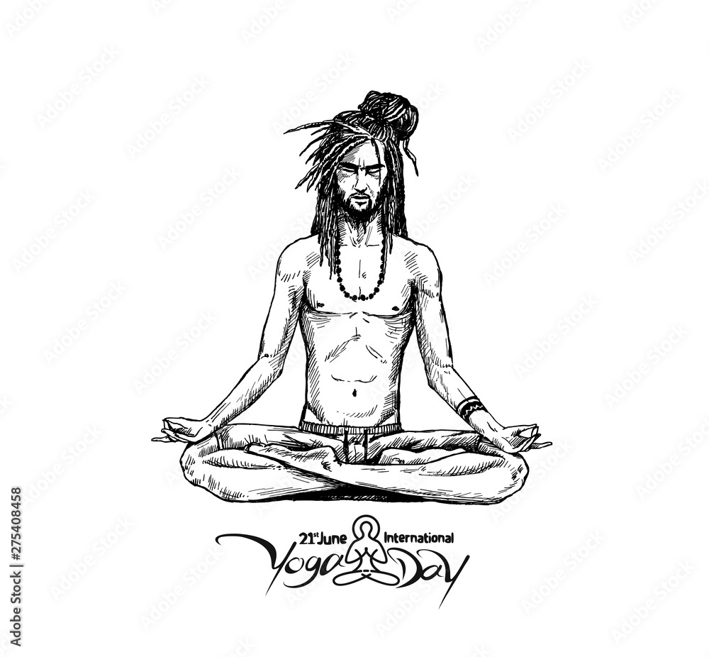 Yoga Guru Baba Looking for Inner Peace. Hand Draw Sketch Vector