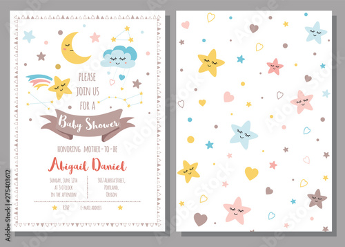 Baby shower invitation template for baby girls boys Cute sky stars cloud moon Set 2 cards Vector