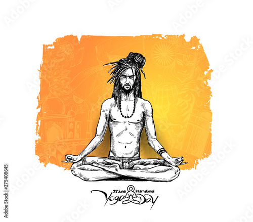 Yoga Guru Baba Looking for Inner Peace. Hand Draw Sketch Vector Illustration.