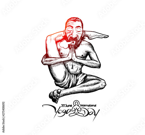Yoga Guru Baba yoga pose, 21st june international yoga day. Hand Draw Sketch Vector Illustration.