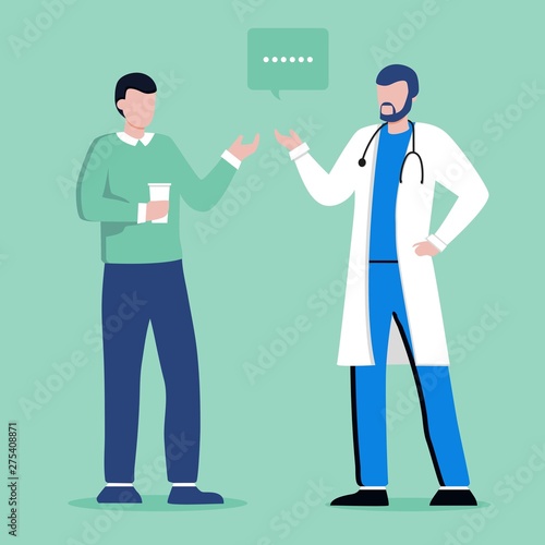 Modern man doctor in white coat with stethoscope talking with young patient, man or teen in casual clothes. Therapist appointment. Online ask doctor. Healthcare services