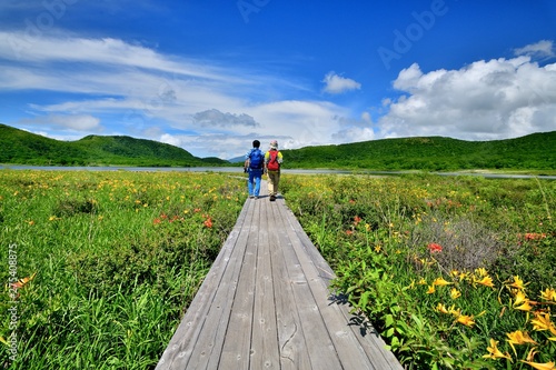 初夏・花の湿原を歩く二人