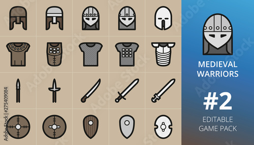 Medieval warriors weapons and armour game icons set. Set of medieval helmets, swords, scimitar, pike, spear, iron, leather and wooden shields, hauberk arms, armor, armour. Editable RPG game pack