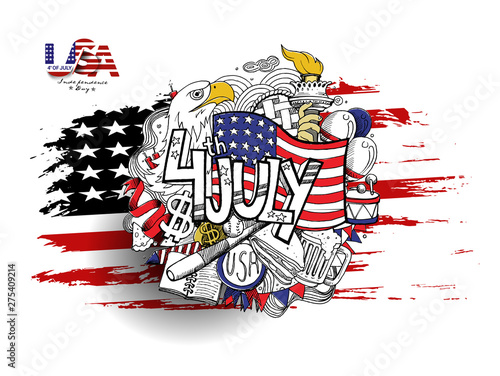 4th of July - American Flag with eagel Independence Day, Hand Drawn Sketch Vector illustration.