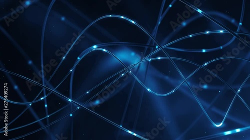 3d render, Abstract technology background in blue colors. Fiber optic cables with glowing elements. Distribution of the light signal. Depth of field. Data Communication on Optical Fibers Cable. Loop