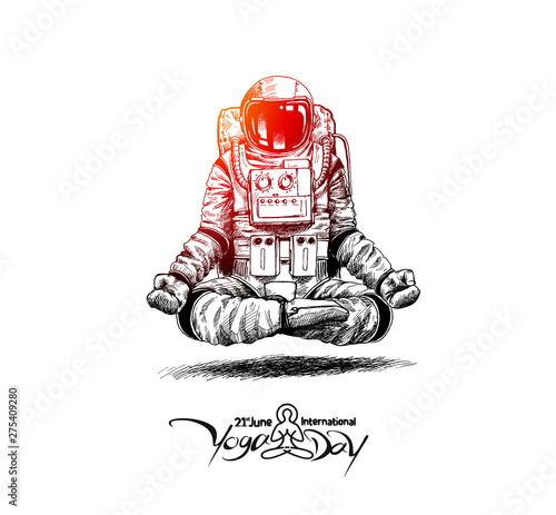 Astronaut in spacesuit yoga gestures , Hand Drawn Sketch Vector illustration.