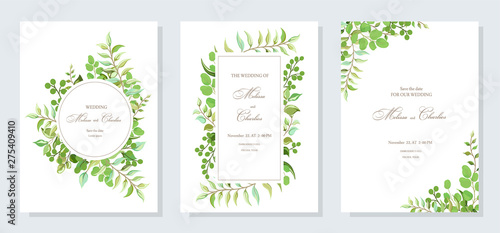 Wedding invitation  postcard with forest green herbs  leaves  eucalyptus branches  fern leaves exotic tropical plants. Botanical  elegant pattern.