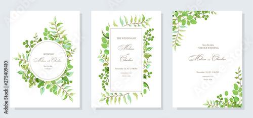 Wedding invitation, postcard with forest green herbs, leaves, eucalyptus branches, fern leaves exotic tropical plants. Botanical, elegant pattern.