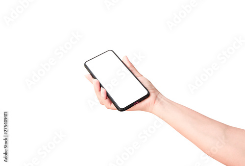 Woman hand holding the black smartphone