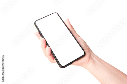 Woman hand holding the black smartphone