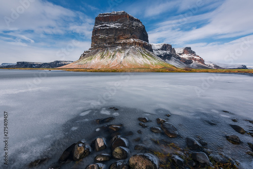 Famouus beautiful mountain in Iceland surrounded by ice