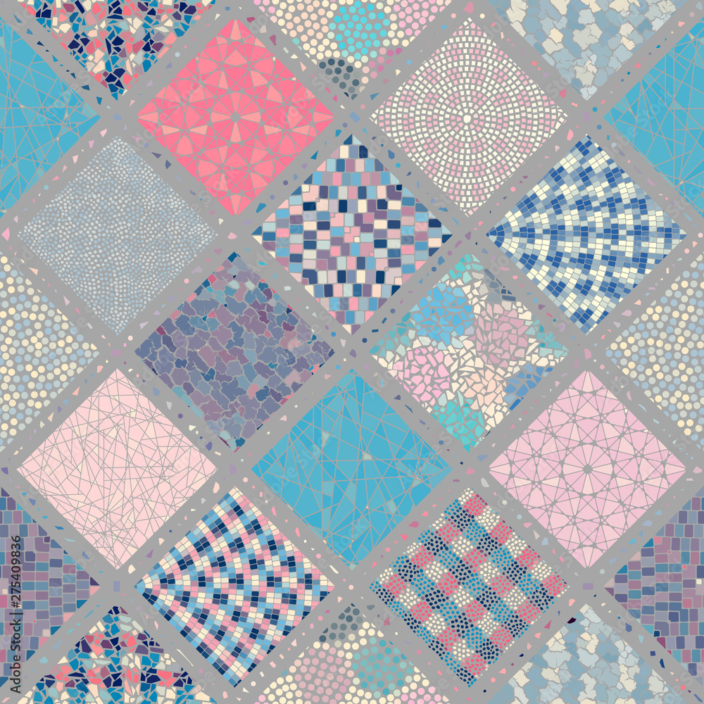 Seamless background pattern. Mosaic art pattern of rhombuses of different tile textures. Seamless background pattern. Mosaic art pattern of rhombuses of different tile textures.