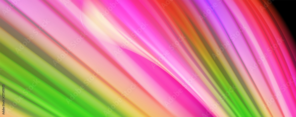 Obraz premium Modern rainbow liquid color flow colorful poster. Wave Liquid shape in black color background. Abstract composition