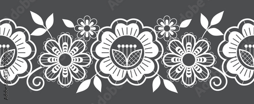 Seamless lace pattern, horizontal design with roses, flowers and swirls, detailed lace motifs