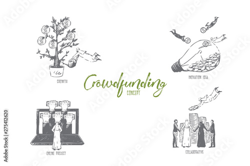 Crowdfunding, growth, innovation idea, online project, collaborative, concept sketch