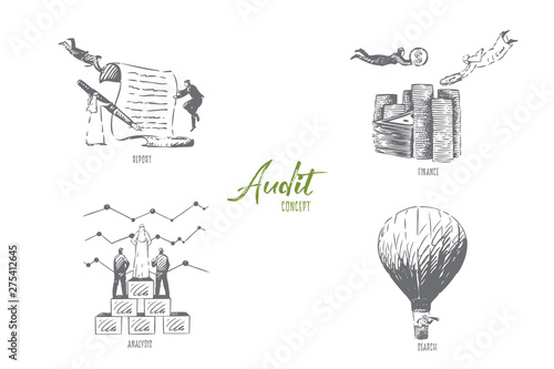 Audit, report, finance, analysis, search concept sketch
