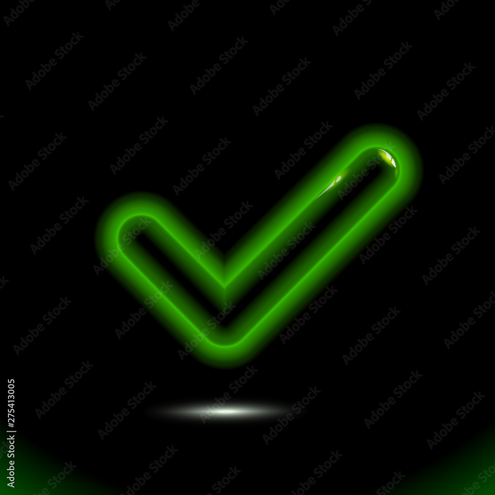 Realistic green backlit glass checkmark icon. Tick symbol. 3d silicone toy. Modern glossy colorful ornamental ui element in black, dark background. For your design with shadow. Vector illustration Realistic green backlit glass checkmark icon. Tick symbol. 3d silicone toy. Modern glossy colorful ornamental ui element in black, dark background. For your design with shadow. Vector illustration