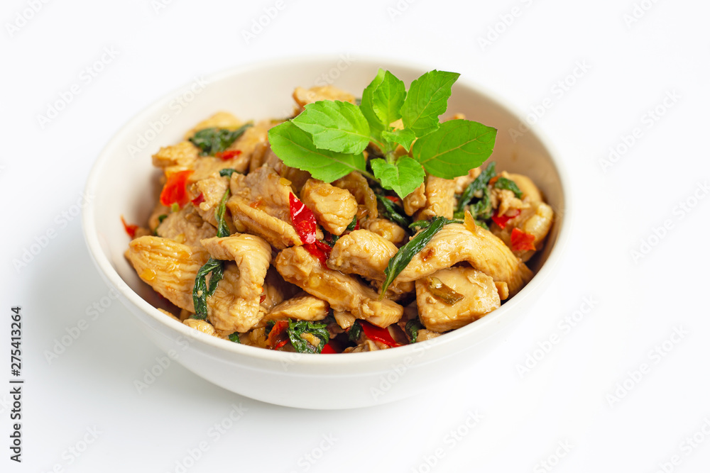 Stir-fried chicken with holy basil on white