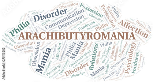 Arachibutyromania word cloud. Type of mania, made with text only.