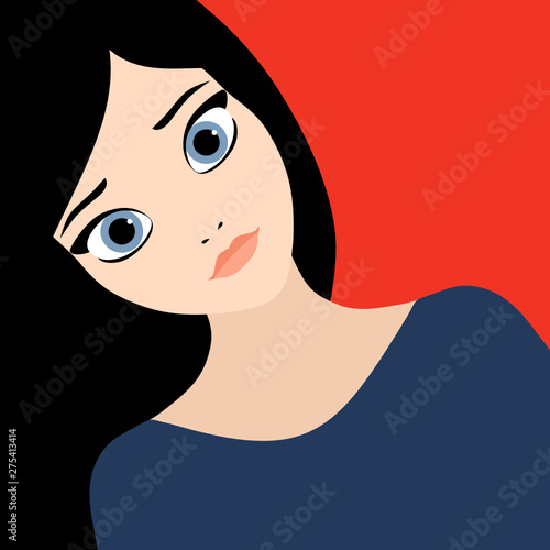 Vector flat style illustration of beautiful fashion young woman with black hair and blue eyes on red background. Intense and seductive sexy brunette girl in love 