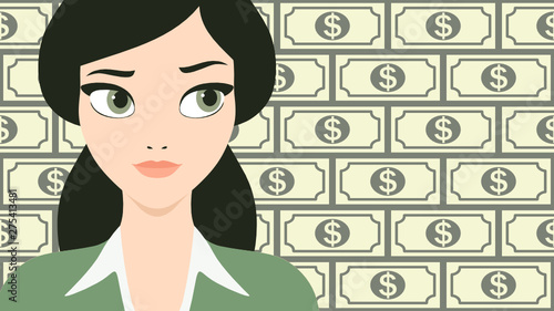 Vector illustration of a young and beautiful successful business woman in front of a dollar banknotes background. Business and finance moneymaker person representation
