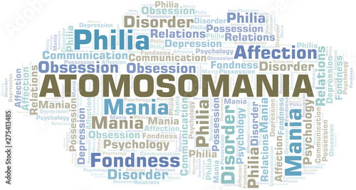 Atomosomania word cloud. Type of mania, made with text only.