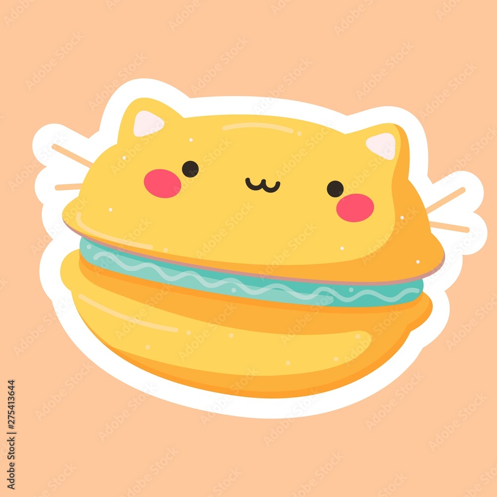 Hand drawn vector illustration of a kawaii funny macaron with cat earsand cute face. Isolated objects on background. macaroon cakes. Design for cafe menu, children print, sticker, poster Hand drawn vector illustration of a kawaii funny macaron with cat earsand cute face. Isolated objects on background. macaroon cakes. Design for cafe menu, children print, sticker, poster