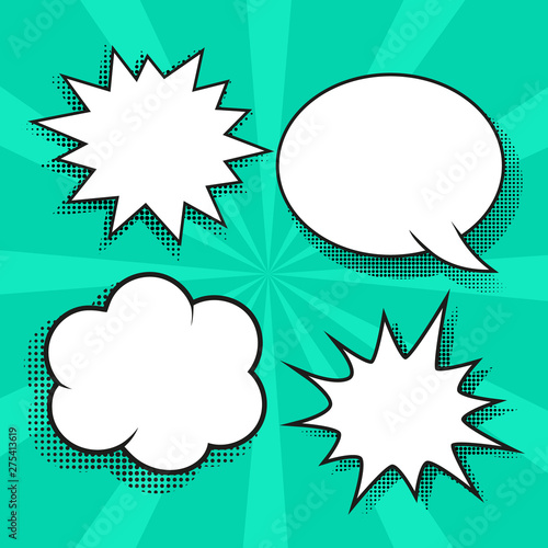 Set of speech bubbles. Halftone shadows. A high detail vector mock-up of a typical comic book page with various speech bubbles, symbols and sound effects and colored Halftone Backgrounds.