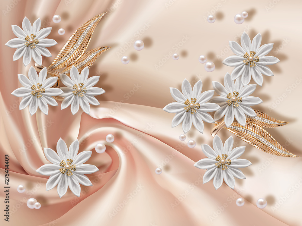 3D wallpaper, jewelry flowers and pearls on silk background. Flower theme -  this is a trend in design. Celebration 3d background. Stock Illustration |  Adobe Stock