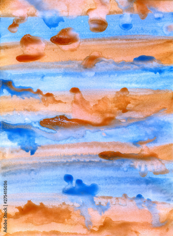 Abstract Bright Hand-Drawn Watercolor Blue and Brown Background.