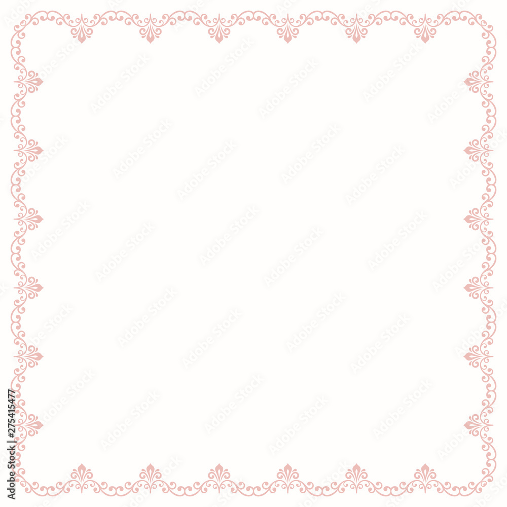 Classic vector square pink frame with arabesques and orient elements. Abstract ornament with place for text. Vintage pattern