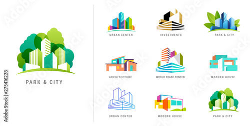 Real estate logo, building development, set of logos, icons and elements