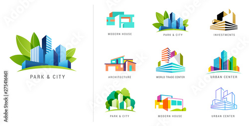 Real estate logo, building development, set of logos, icons and elements