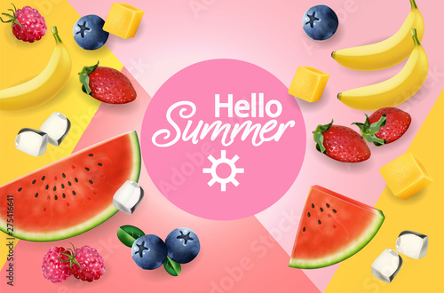 Summer fruits abstract pattern Vector realistic. 3d detailed textures. Banana...